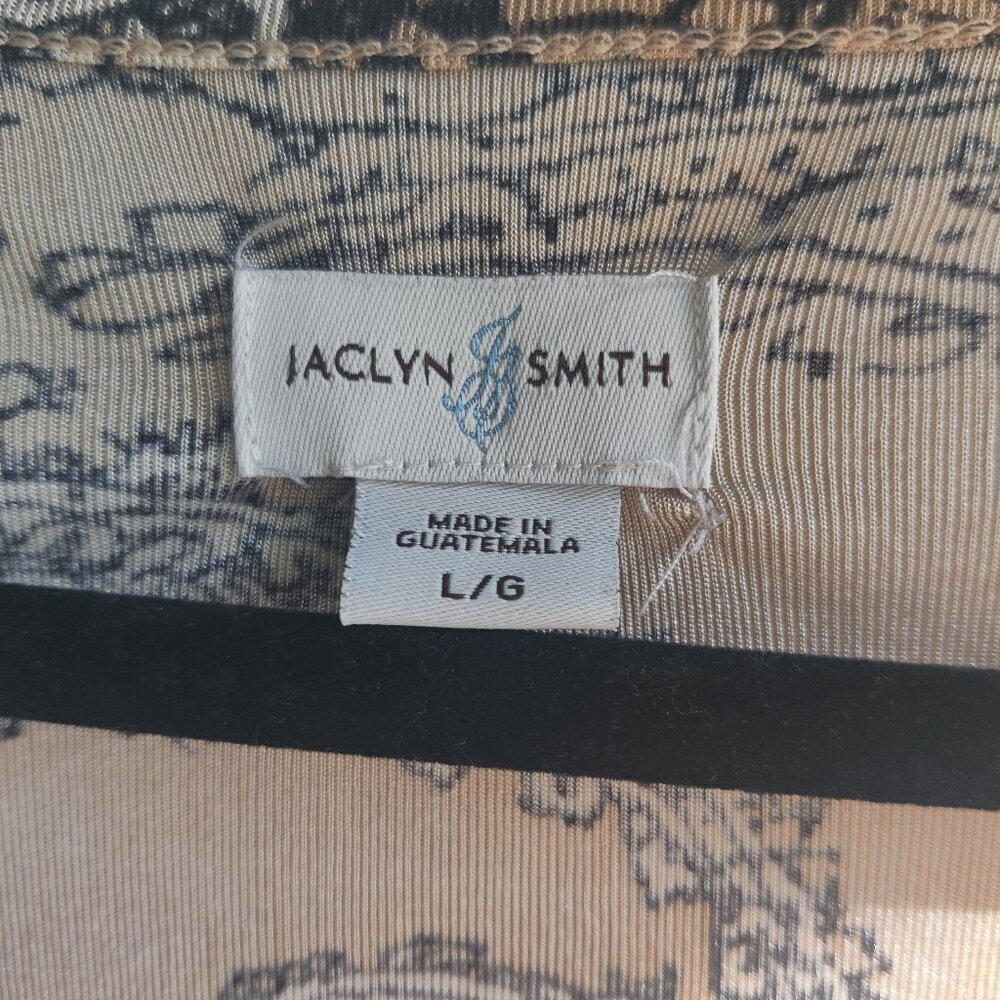 Jaclyn Smith top in tan, black and white paisley, long sleeve and longer length. - Picture 2 of 5